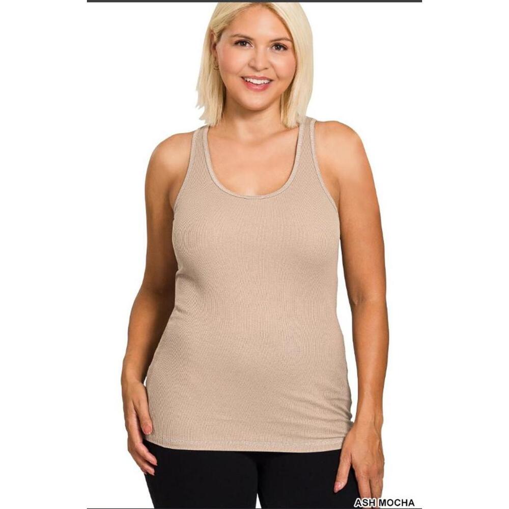 Zenana NWOT Ash Mocha Racer Back Cotton Rib Tank Top Sizes 1X-3X